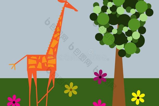 漫画长颈鹿和树绿色的卡片海报观念平的设计英文字母表的第19个字母