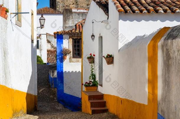 舒适的狭隘的大街关于老的城镇奥比杜什,<strong>葡萄牙</strong>