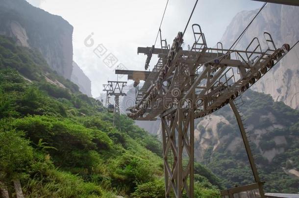 缆绳汽车向黄色的山.黄山,中国.登上黄山