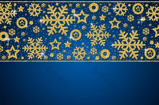 蓝色圣诞节卡片和框架关于金色的<strong>辉煌</strong>的雪花