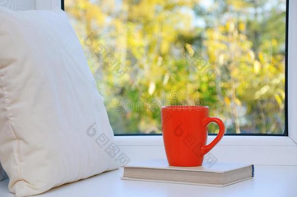 桔子茶水杯子,书,和内部枕头向一白色的温多