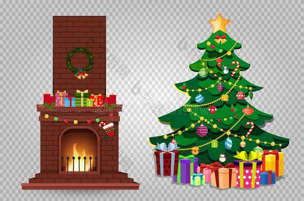 漫画圣诞节放置关于装饰燃烧的壁炉和冷杉特尔