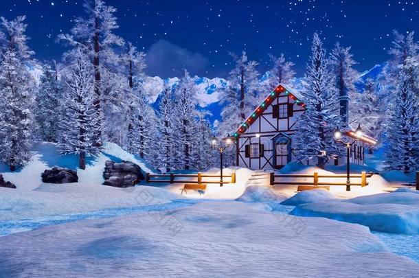 被雪困住的阿尔卑斯山的山房屋在冬夜