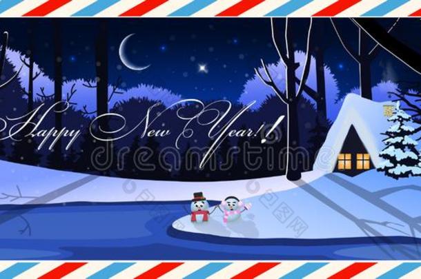 幸福的新的年明信片关于冬夜风景和房屋采用
