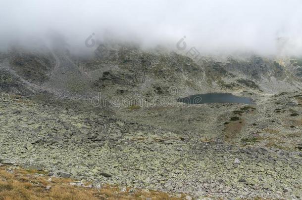 风景和雾越过穆萨伦斯基湖,里拉山,宝格丽