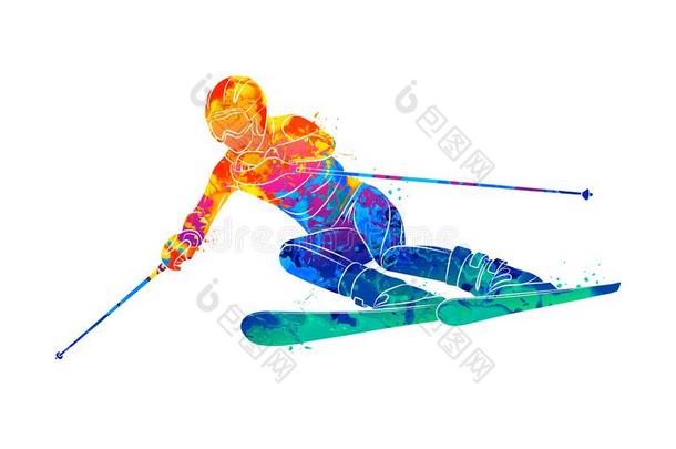 抽象的滑雪.下降巨人障碍滑雪滑雪的人从溅起关于水