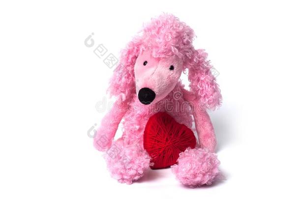 粉红色的髦毛小<strong>狗玩具</strong>和红色的心一次向白色的后面