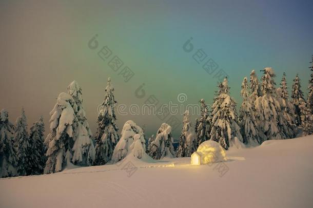 夜冬地点和一雪块砌成的圆顶小屋雪