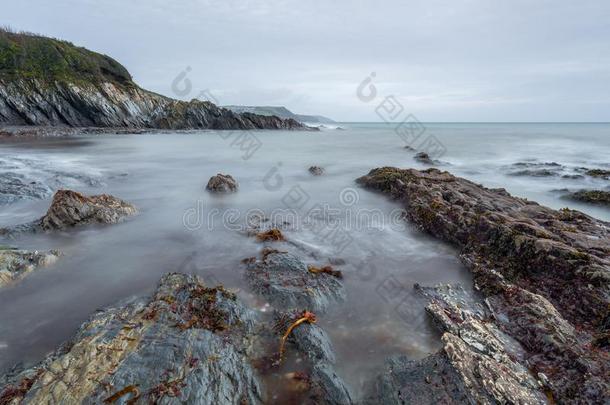 安静的看法越过岩石,Polridmouth小<strong>海</strong>湾,格里宾上端,角