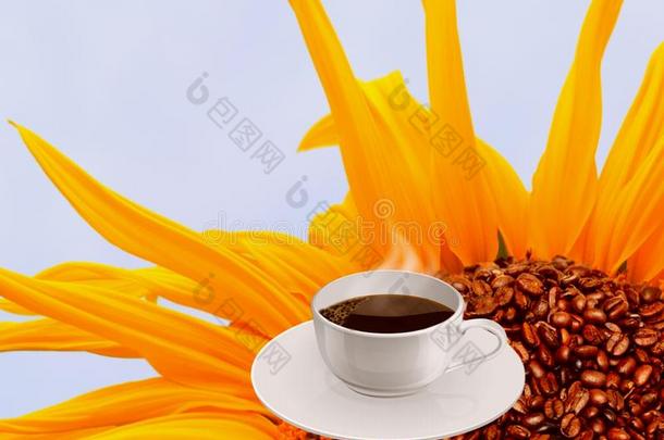 早晨咖啡豆向一黄色的花.