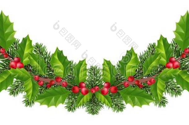 圣诞节装饰和冷杉树,冬青,浆果和装饰