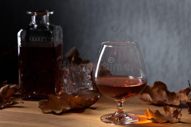 白兰地酒和干燥的在上面栎树树叶