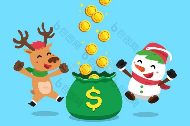 矢量漫画圣诞节雪人和驯鹿所赚的钱钱