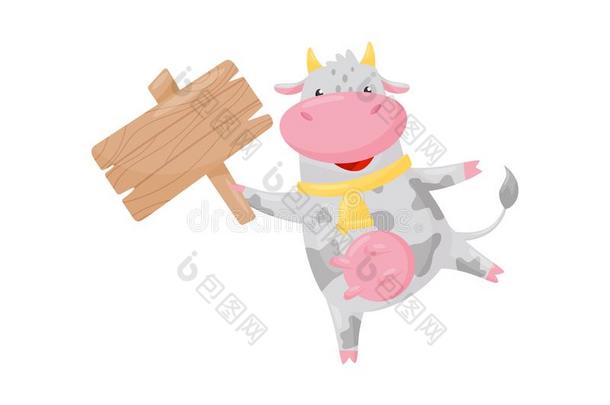 漂亮的幸福的奶牛和木制的广告牌,有趣的农场动物漫画