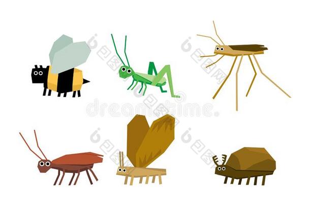几何学的昆虫放置,蜜蜂,蚱蜢,蚊子,蚂蚁,昆虫vect