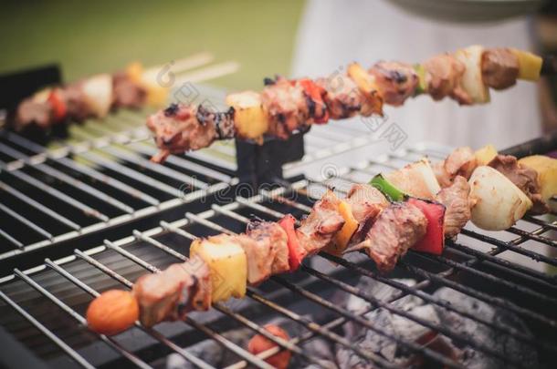 热的户外烧烤barbecue吃烤烧肉的野餐烧烤向指已提到的人烧烤