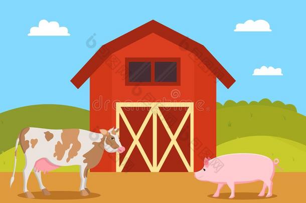 奶牛和猪猪向农场矢量Illustrati向