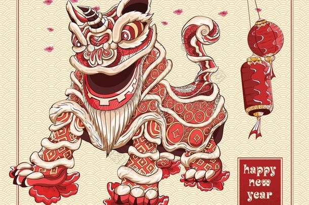 幸福的中国人新的年狮子跳舞<strong>灯笼</strong>和花illustrat
