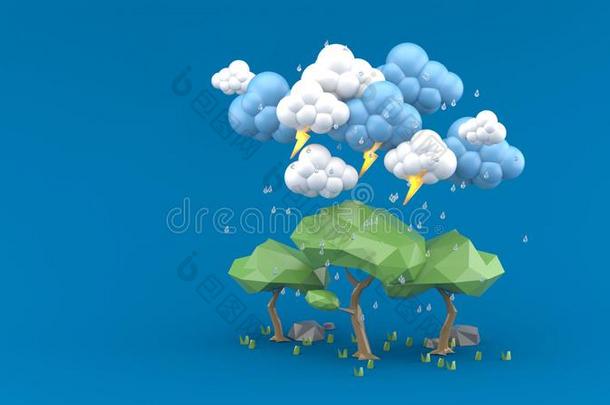 雨降低向一大的树向一蓝色b一ckground