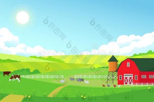 富有色彩的农场夏风景,蓝色清楚的天和太阳,红色的条