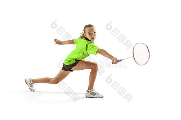 num.一高加索人年幼的十几岁的青少年女孩女人演奏羽毛球演员