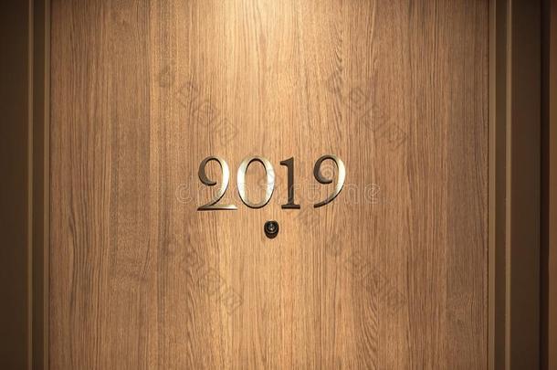 幸福的新的年2019观念,字体向指已提到的人旅馆门