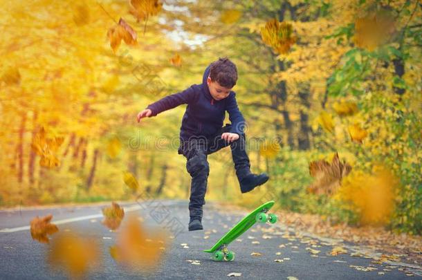 小孩滑板运动员做滑板<strong>戏法</strong>采用秋环境