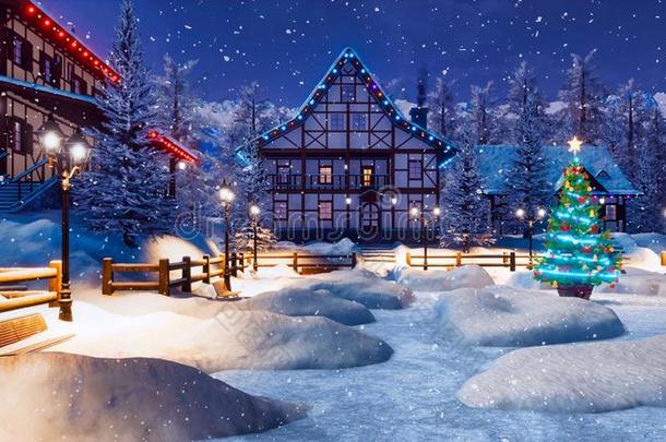 圣诞节树采用alp采用e村民在下雪的w采用ter夜
