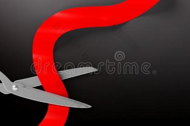 剪刀锋利的红色的丝带反对黑的背景,人名