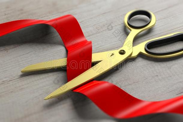 剪刀锋利的红色的丝带向木制的背景.3英语字母表中的第四个字母图解