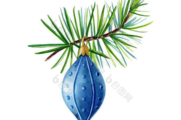 手绘水彩绿色的松树,蓝色圣诞节球