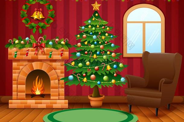 圣诞节活的房间和壁炉,扶手椅,树和现在的
