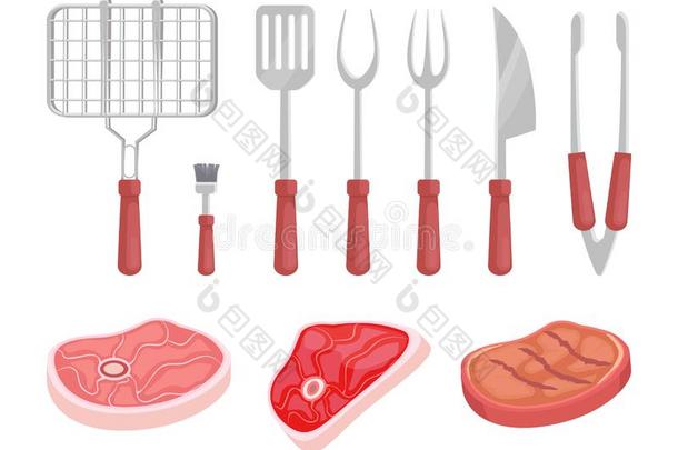 barbecue吃烤烧肉的野餐烤架磨碎和肉矢量说明