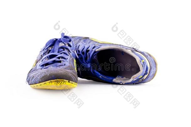 关在上面老的鞋带五人制的足球比赛室内足球鞋子向白色的背景足球speciality专业