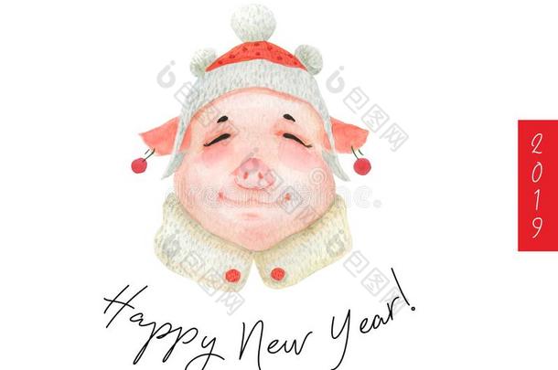 幸福的新的年明信片女孩青少年小猪2019