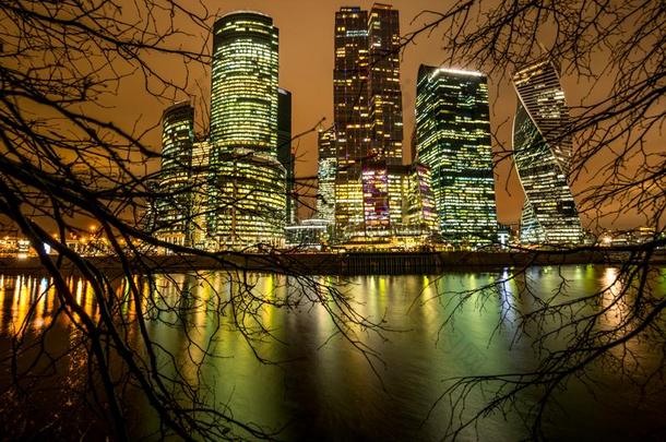 夜风景照片关于莫斯科城市摩天大楼