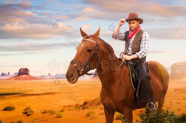 牛仔骑马一马采用沙漠v一lley,西方的
