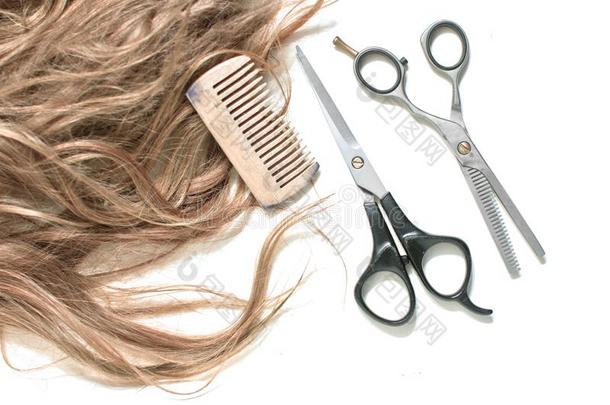 头发,梳子和剪刀向白色的背景.