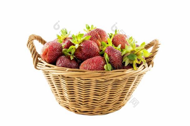 大的新鲜的草莓采用指已提到的人柳条篮隔离的向白色的