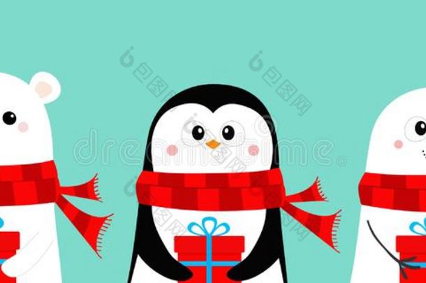 极地的白色的熊,雪人,企鹅采用红色的围巾hold采用g赠品盒