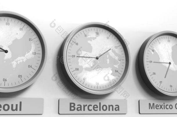 圆形的钟展映巴塞罗那,西班牙时间在内世界时间地带