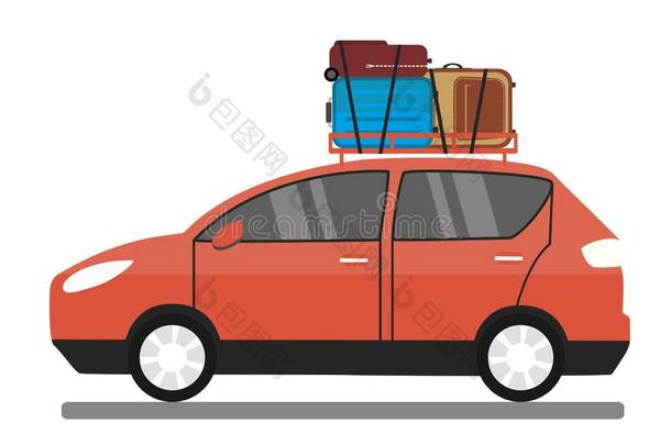 现代的红色的汽车和行李向屋顶,家庭vacati向运送