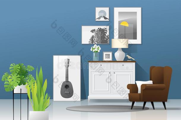 活的房间背景和木制的家具,植物和<strong>蓝色</strong>wickets三柱门