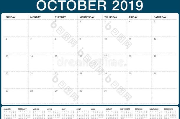 十月2019<strong>每月</strong>的日历矢量说明