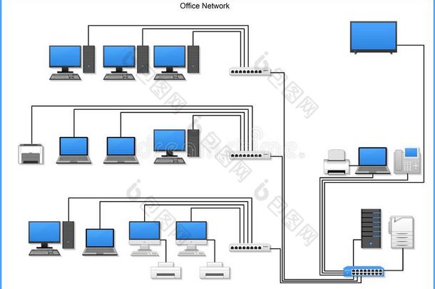 办公室网图表和设备,建筑物向白色的后台