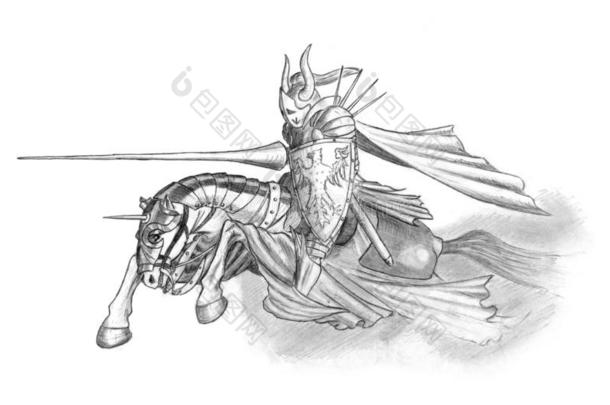 铅笔绘画关于中古的或幻想武士骑马向H或se机智