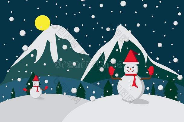 愉快的圣诞节雪人采用帽子和手套红色的向w采用ter夜用绳子拖的平底渡船