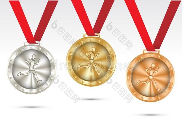 <strong>跑步冠军</strong>金,银和青铜奖章放置和红色的利卜