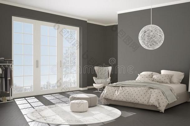 舒适的现代的灰色和米黄色卧室和木制的镶木地板flores花