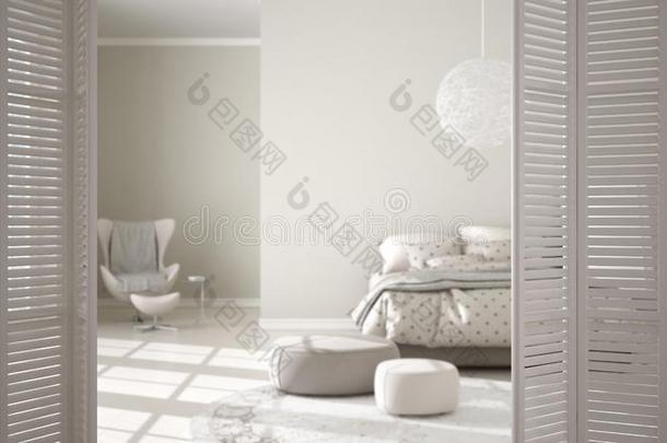 白色的可折叠的<strong>门开</strong>幕向现代的舒适的卧室和爸